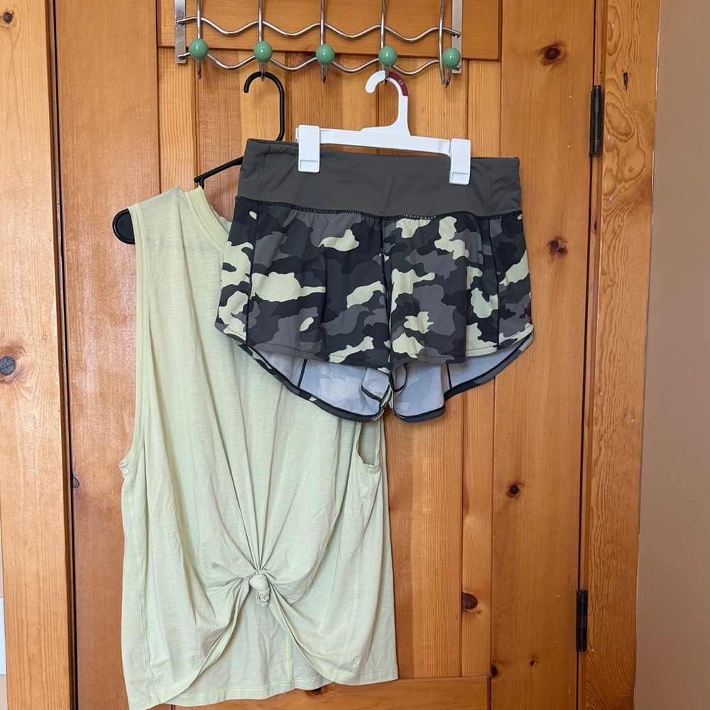 Lululemon outfit! Size 8 shorts L shirt. Neon yellow/ army green camo 🌟💪🏼🤩
